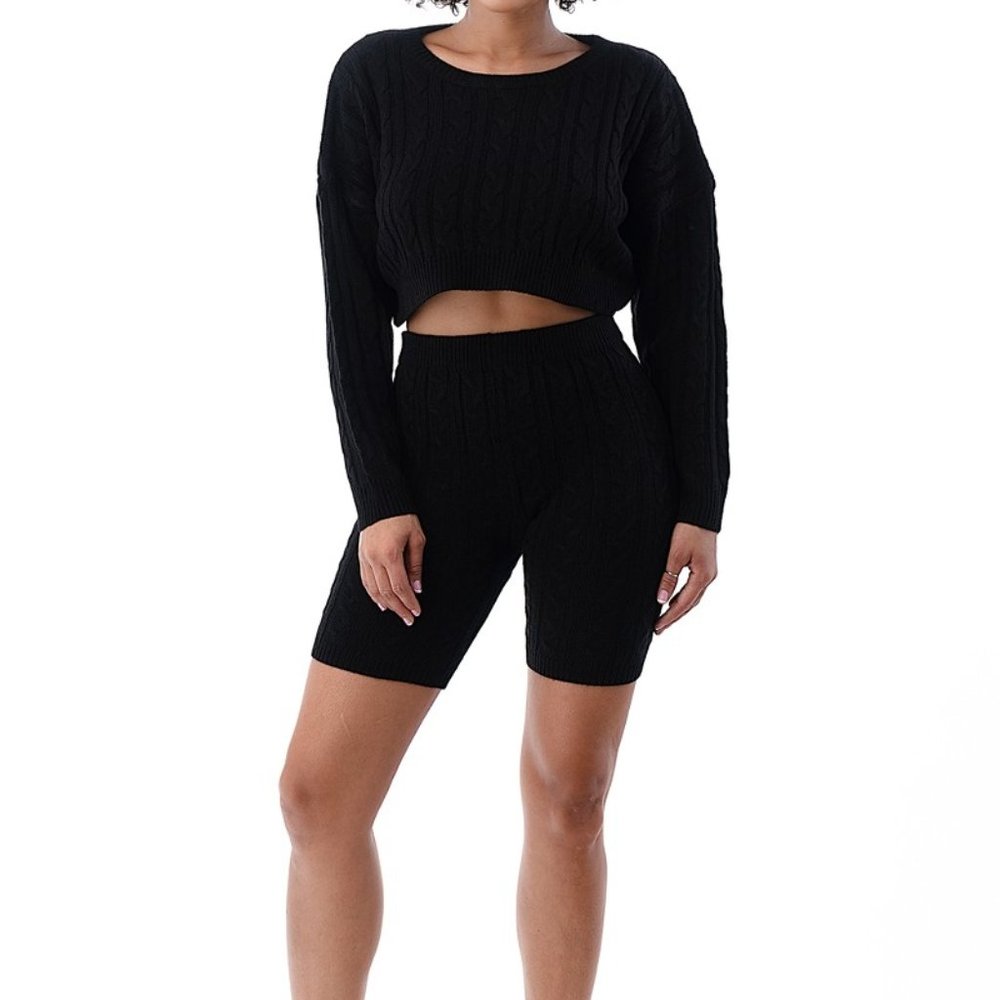 Cable Knit Sweater Set Cropped top Ribbed Biker Shorts black matching set S M L